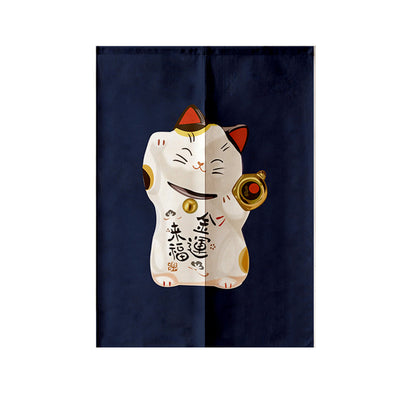 Red fabric door curtain with white polka dots and a repeating pattern of a lucky cat holding a gold coin, surrounded by flowers. - Image 9