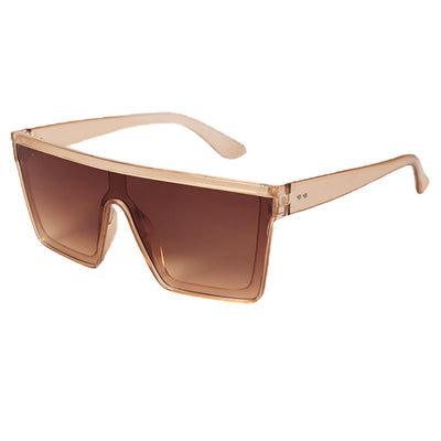 Fashion one-piece large rim sunglasses with a transparent champagne frame and brown gradient lenses. - Image 13