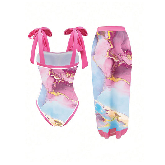 Women's one-piece swimsuit and matching sarong with a pink, blue, and gold marble print. Features tie-shoulder straps. - Image 2