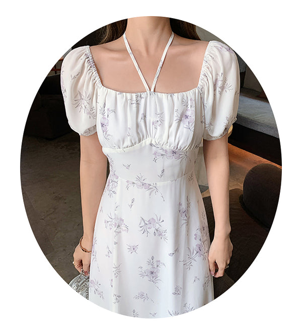 Vestido Retro Floral con Escote Cuadrado Francés para Mujer