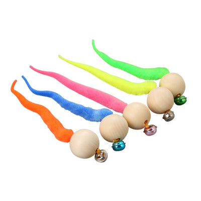 Wooden bead cat toy with a golden bell and a neon yellow fuzzy worm-like attachment on a white background. - Image 3