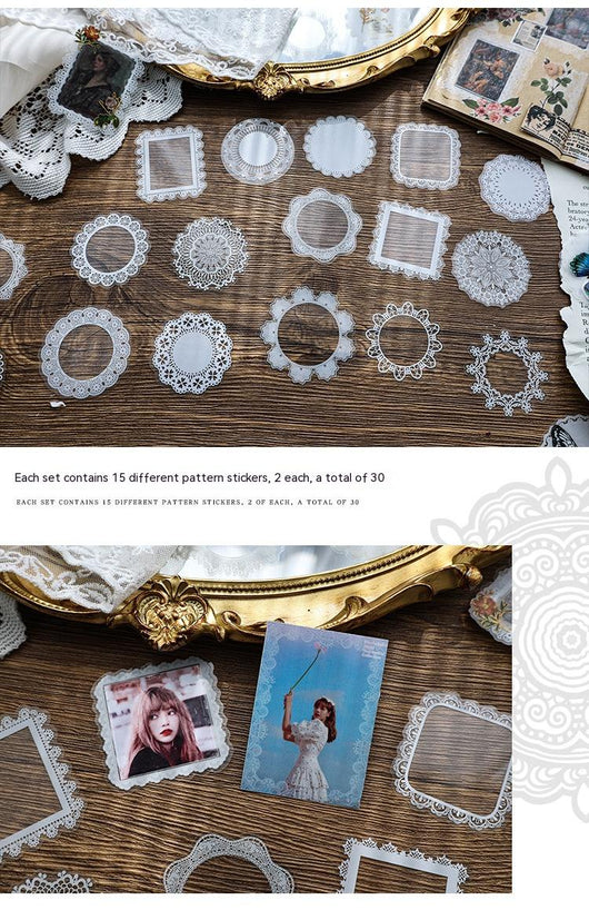Set of 15 white lace-patterned circular stickers with intricate designs, labeled "North Star Arch" and "30 sheets." - Image 17