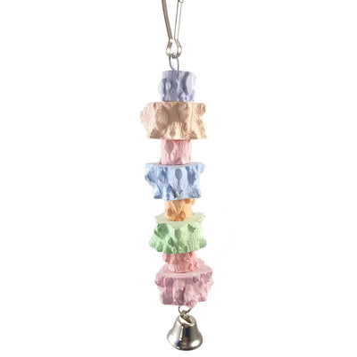 Colorful pepper stone molar string toy for birds, featuring pastel blocks and a metal bell at the bottom. - Image 2