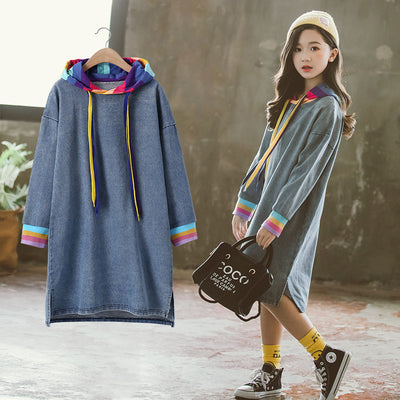Vestido Infantil Manga Larga Arcoíris en Denim Sólido - Image 5