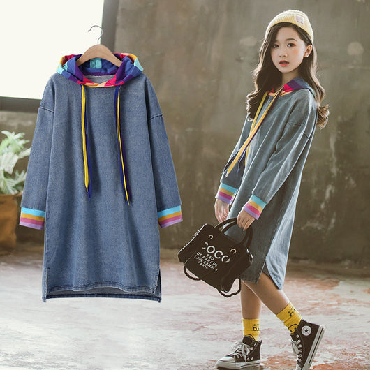 Vestido Infantil Manga Larga Arcoíris en Denim Sólido - Image 5