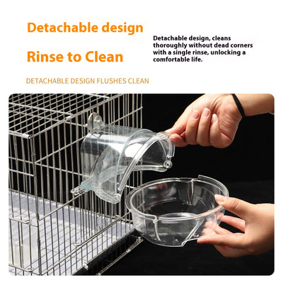 Transparent spherical bird bathtub with a perch, designed to attach to a bird cage, showing dimensions. - Image 2