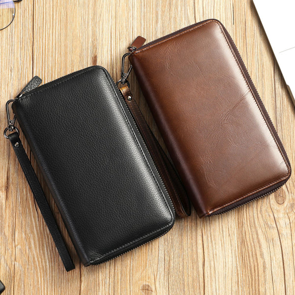 Cartera Larga de Cuero Genuino para Hombre con Cierre de Cremallera