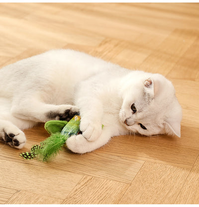 Colorful bird cat toy with green fluffy wings, black head, yellow face, orange beak, and spotted tail feathers. - Image 19