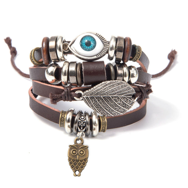 Pulsera de Cuero Auténtico Tejida con Cuentas - Estilo Étnico Retro