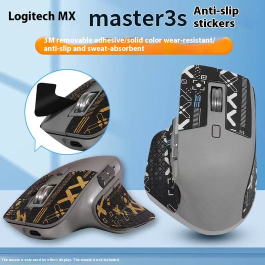 Red and black anti-slip sticker set with geometric and text patterns for Logitech MX Master 3s mouse.