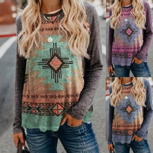Blusa Étnica Retro Cuello Redondo Manga Larga
