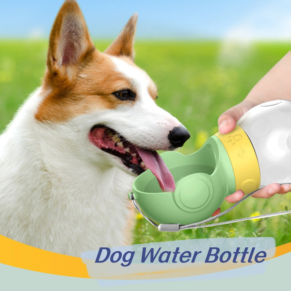 Portable pet water bottle with white drinking bowl, translucent grey reservoir, and yellow paw print band.