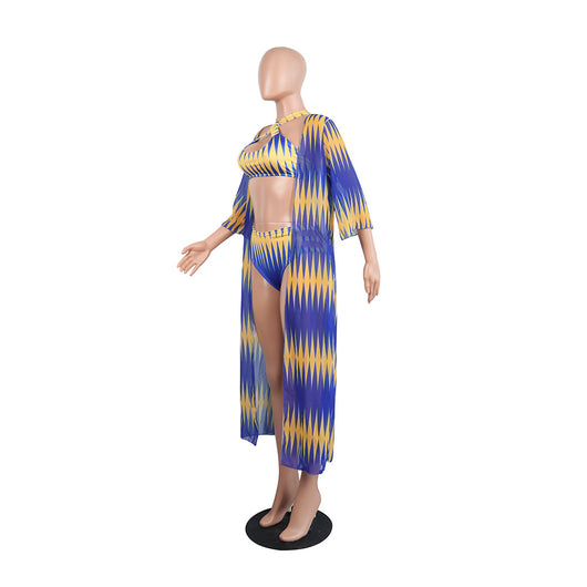 Women's blue and yellow geometric print bikini with high-waisted bottoms and a matching sheer kimono cover-up. - Image 15