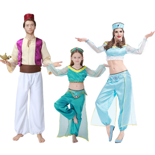 Men's Prince costume featuring a red fez, cream shirt, purple vest, brown sash, white harem pants, and a gold genie lamp. - Image 9