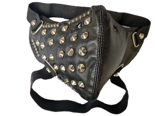 Black leather half-face mask with brass chains, spikes, and gear accents, featuring adjustable elastic straps. - Image 10