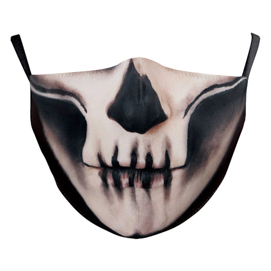 Black double-layer face mask with a repeating pattern of glowing white jack-o'-lantern faces and ear hooks. - Image 24