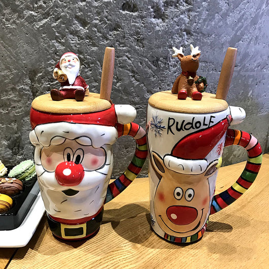 Taza Cerámica Navideña con Diseño Reno y Papá Noel