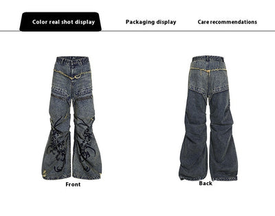 Jeans Vintage Desgastado con Cremallera y Bordados Plisados - Image 11