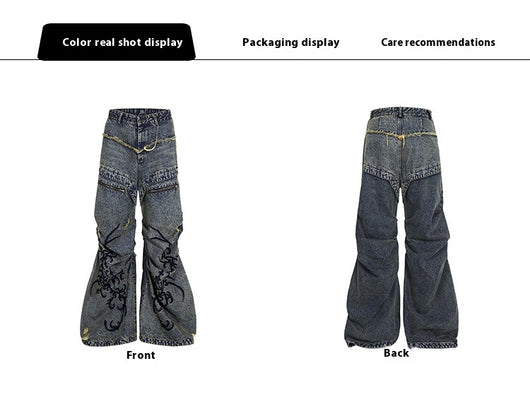 Jeans Vintage Desgastado con Cremallera y Bordados Plisados - Image 11
