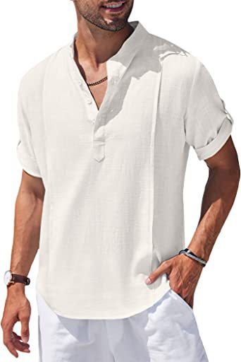 Camisa Lino Henley Hombre Manga Corta Casual Playa Verano - Image 14