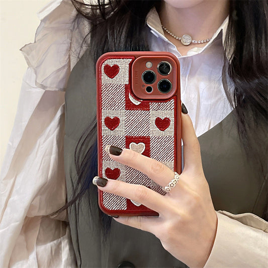 Funda para Celular con Bordado de Cuadrícula y Corazones - Image 2