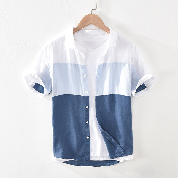 Camisa de Lino Patchwork Manga Corta para Hombre