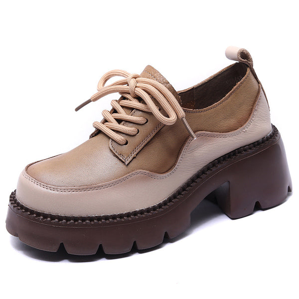 Zapatos de Cuero Vintage con Tacón Grueso y Cordones - Diseño Bicolor - Image 3