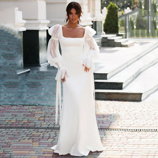 Vestido de Novia Sirena en Satén Elegante con Mangas Puff Largas - Image 4