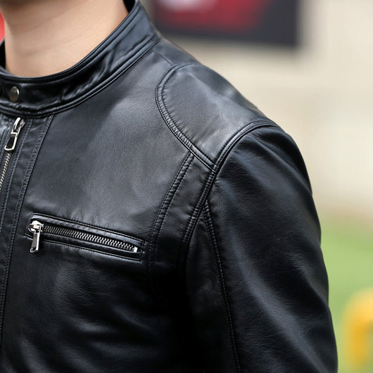 Chaqueta de Cuero PU Coreana Ajustada Cuello Mao - Image 8