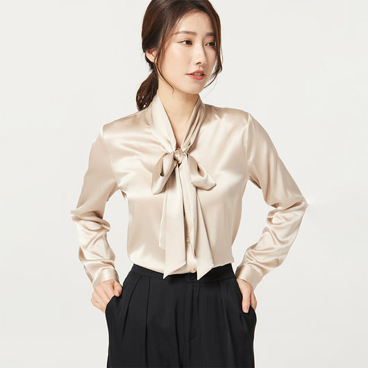 Blusa de Seda Mulberry con Cuello V y Lazo Grande para Mujer - Image 12