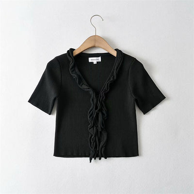 Cardigan de Encaje Talle Alto Ajustado Manga Corta para Mujer - Image 3