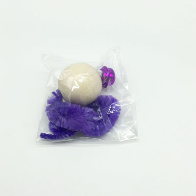 Wooden bead cat toy with a golden bell and a neon yellow fuzzy worm-like attachment on a white background. - Image 14
