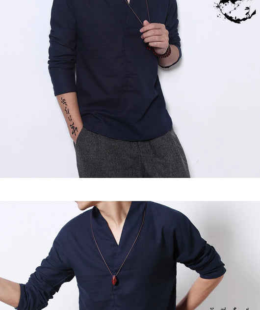 Camisa Lino Manga Larga Estilo Chino Retro para Hombre - Image 6