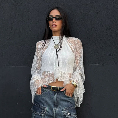 Blusa de Trabajo Blanca con Encaje Jacquard y Cuello Alto