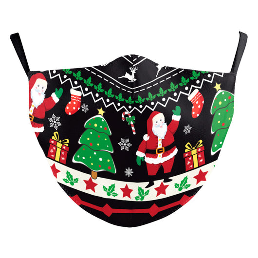 Green Christmas dustproof face mask with a festive pattern of red and gold ornaments, candy canes, gingerbread, and "Merry Christmas!" text. - Image 28