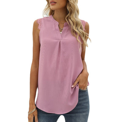 Blusa Suelta Escote V sin Mangas con Encaje de Color Sólido - Image 3