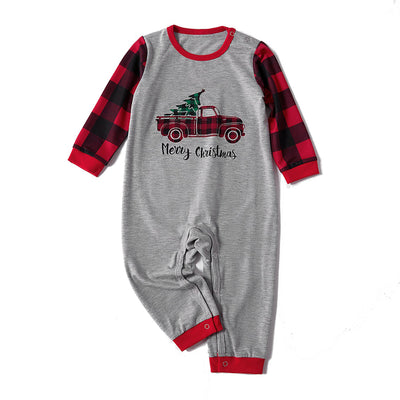 Family Christmas pajama set with grey long-sleeve tops featuring a red truck with a tree, and red and black buffalo plaid pants. Includes adult, kids, and baby - Image 9