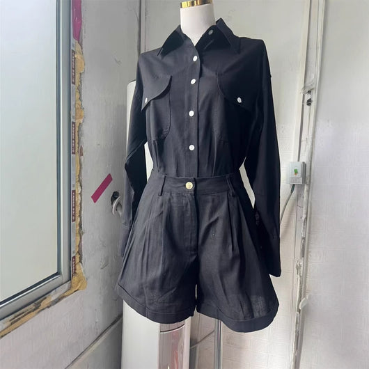 Conjunto de Lino y Algodón: Blusa Suelta de Manga Larga + Short de Cintura Alta - Image 5