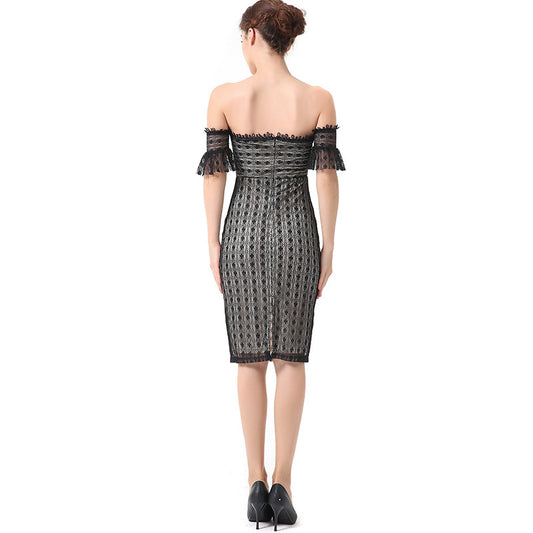 Vestido de Fiesta Slim Fit con Contraste de Encaje y Cuello Camisero - Image 2