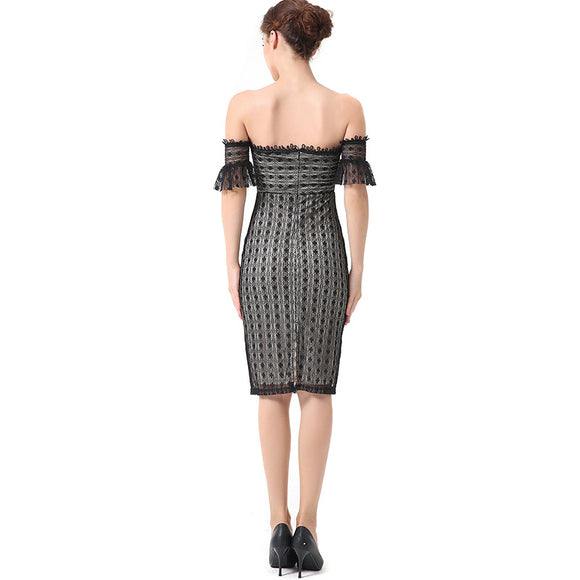 Vestido de Fiesta Slim Fit con Contraste de Encaje y Cuello Camisero