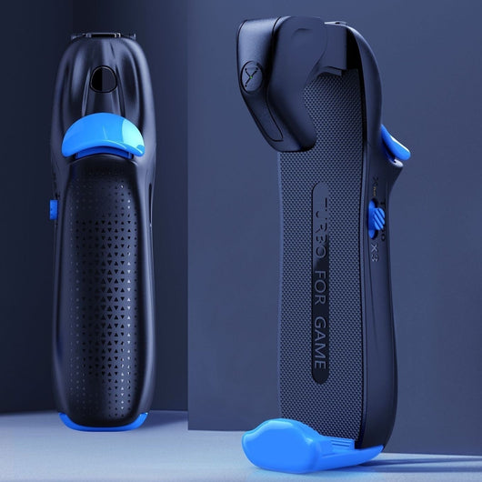 Black and blue mobile game controller with dual fire buttons and textured grip for enhanced gaming.