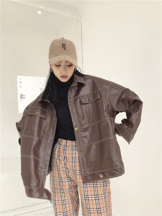 Chaqueta de Cuero PU para Motocicleta Mujer con Bolsillos Grandes y Costuras Topstitched - Image 11