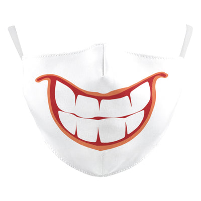 White ear hook dust mask with a black and white clown face design, featuring a wide stitched smile. - Image 26