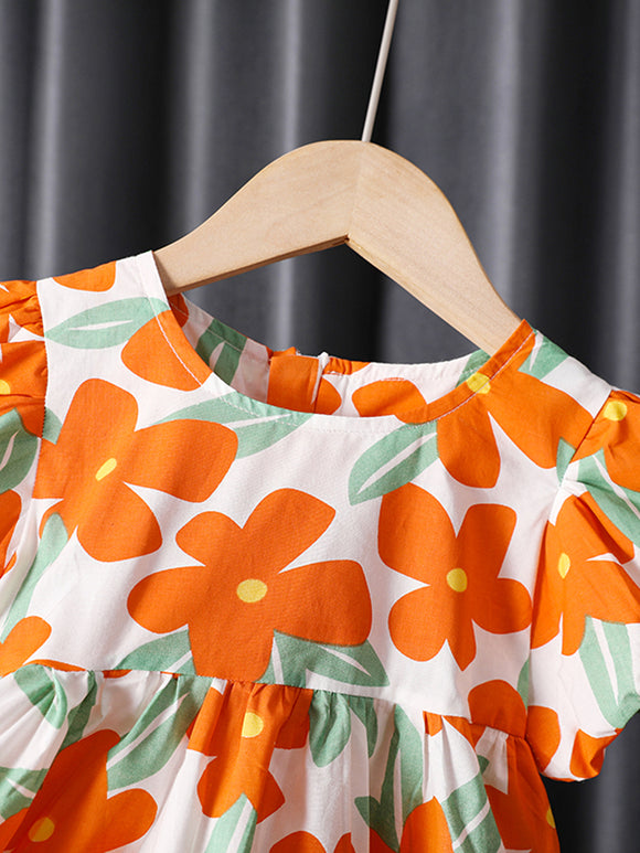 Vestido Floral de Princesa con Manga Corta para Niñas