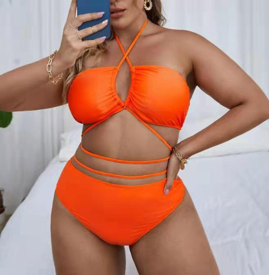 Plus size orange bikini set with a strapless halter top and high-waisted bottoms with multiple waist straps. - Image 8