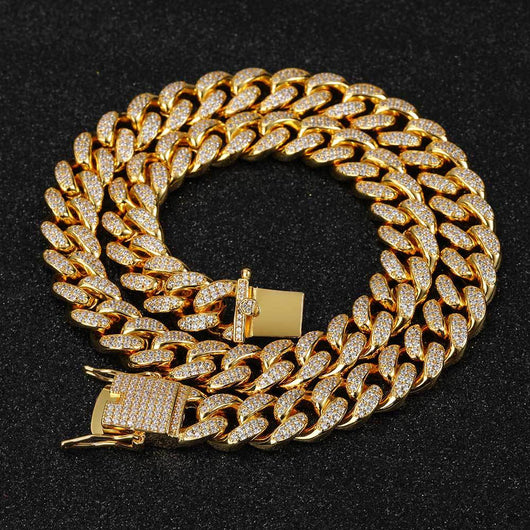 Cadena Cubana Hip Hop 12mm Chapada en Oro Real con Diamantes Completos - Image 5