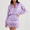 Vestido Camisero Satinado con Plumas - Manga Larga Color Sólido