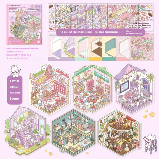 Diy Notebook Decompression Stacking Miniature Sticker set featuring a cute cartoon hot pot shop scene with animal characters. - Image 29