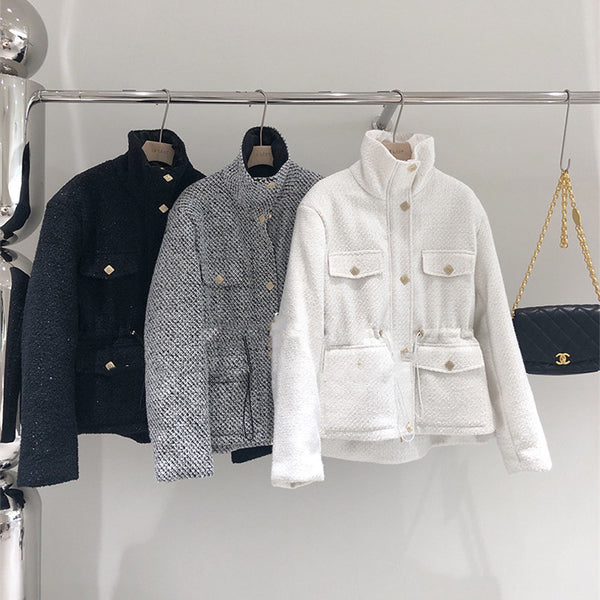 Abrigo Tweed Coreano con Cuello Alzado para Mujer
