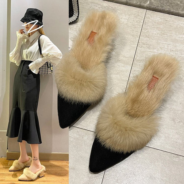 Pantuflas Mujer Otoño Invierno Punta Fina Tacón Grueso Casual